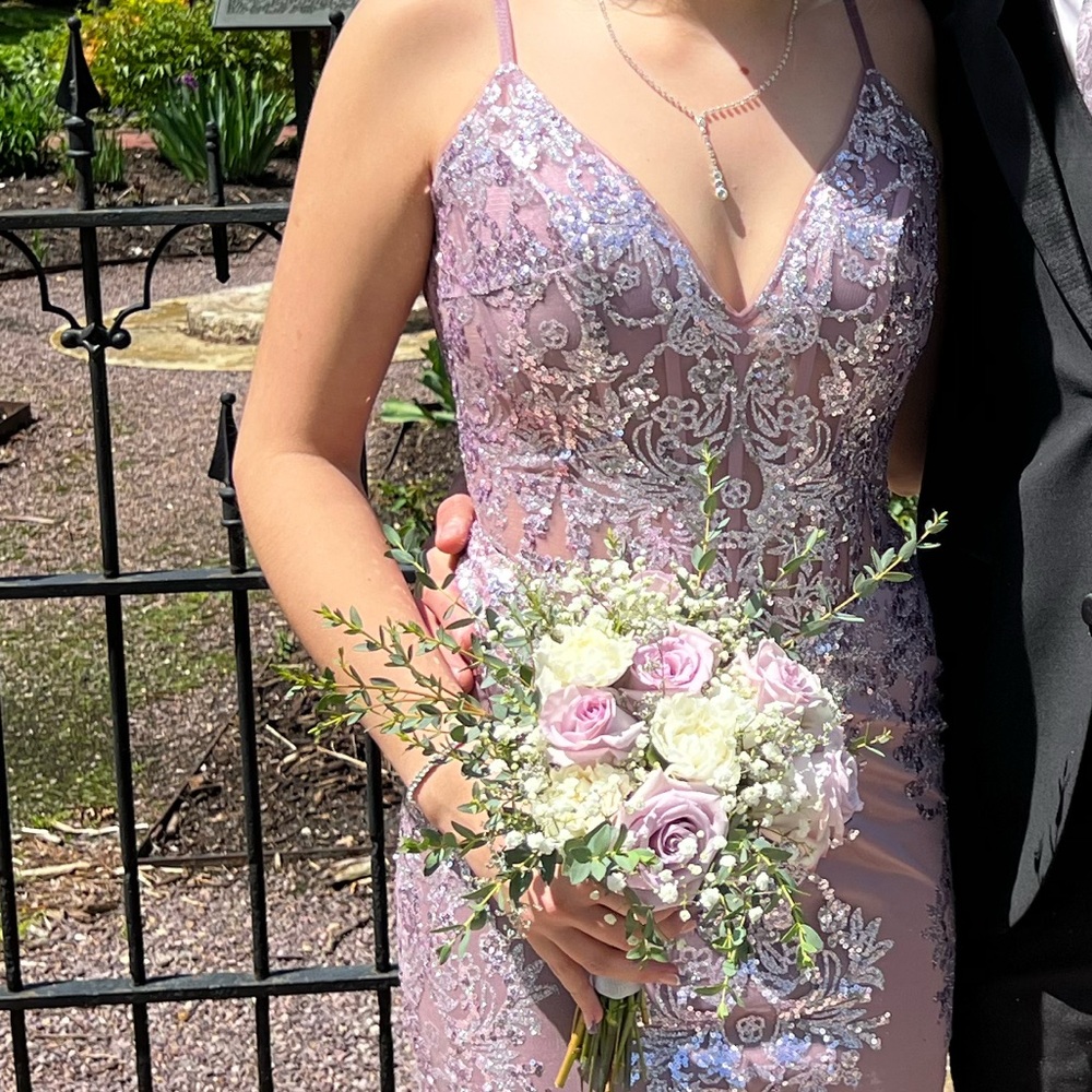Gorgeous Lilac color sequin full length dress with short train